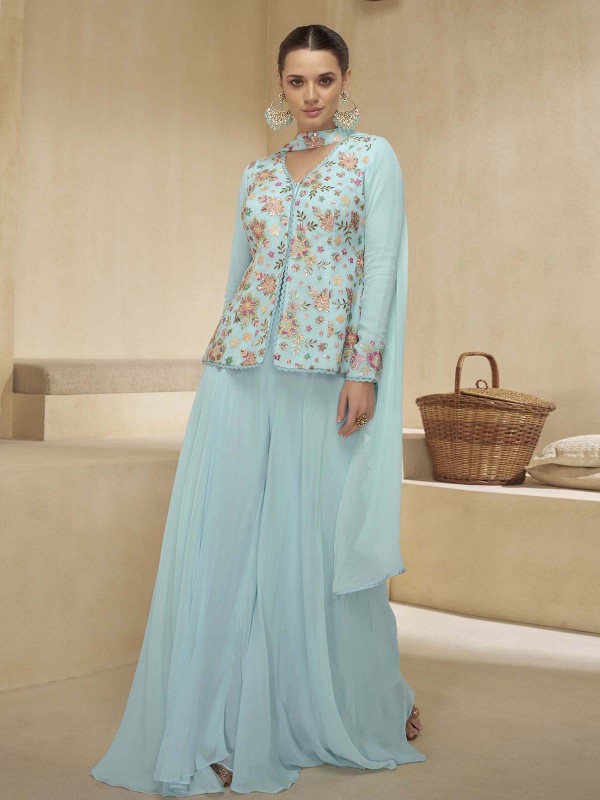 Sky Blue Real Georgette Sharara Suit